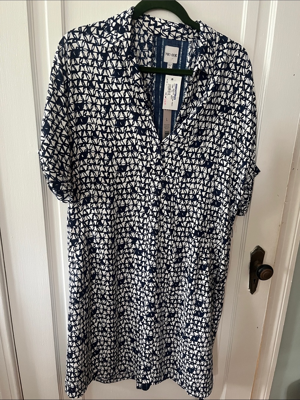 NIC+ZOE Navy and White Geometric Short-Sleeve Button-Down Dress